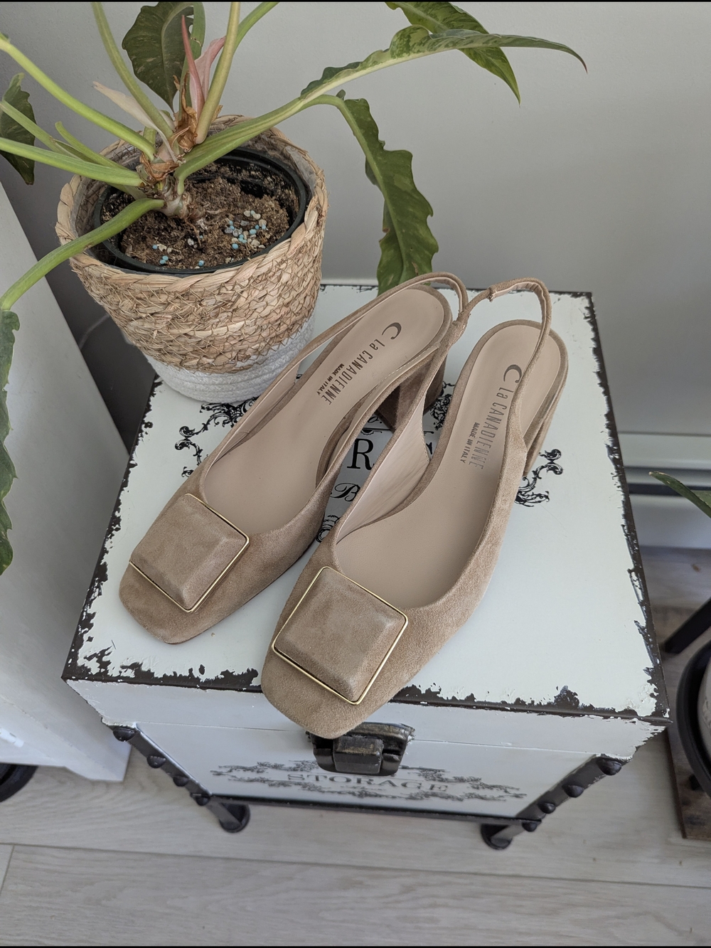 La Canadienne Suede Slingback Sandals with Gold Buckle Accent